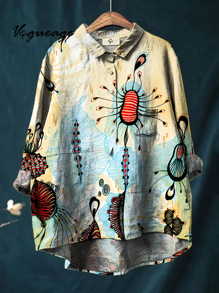 Gentle Generous And Comfortable Plants Printed Cotton And Linen Shirt