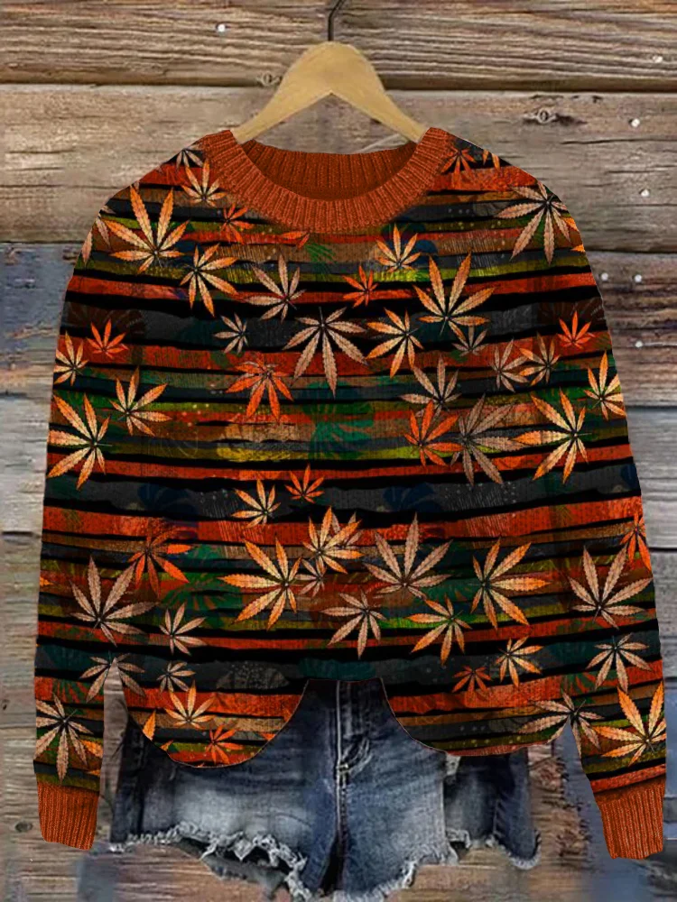 VChics Vintage Maple Leaves Striped Cozy Knit Sweater