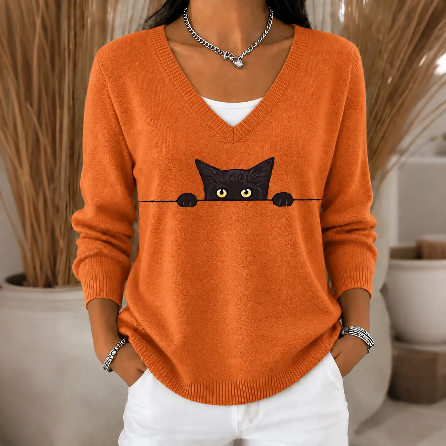 Comstylish Women's Vintage Black Cat Print Casual Long Sleeve V Neck Sweater