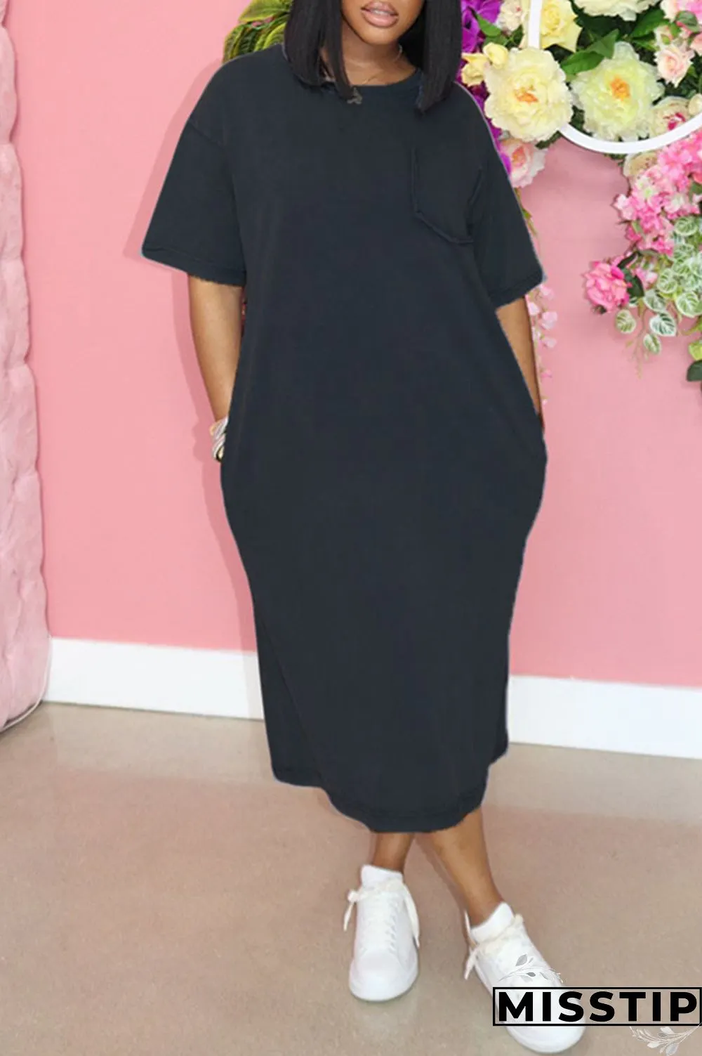 Light Gray Fashion Casual Solid Slit O Neck Short Sleeve Dress