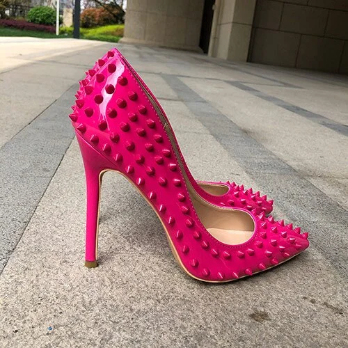 LOURDASPREC Rose Pink Women Sexy Punk Spikes High Heels Italian style Ladies Pointed Toe Rivets Stilettos Pumps Slip on Party Shoes