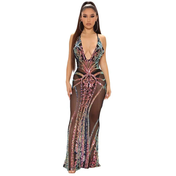 Promsstyle Promsstyle Sexy sequin cross back see-through evening dress Prom Dress 2023