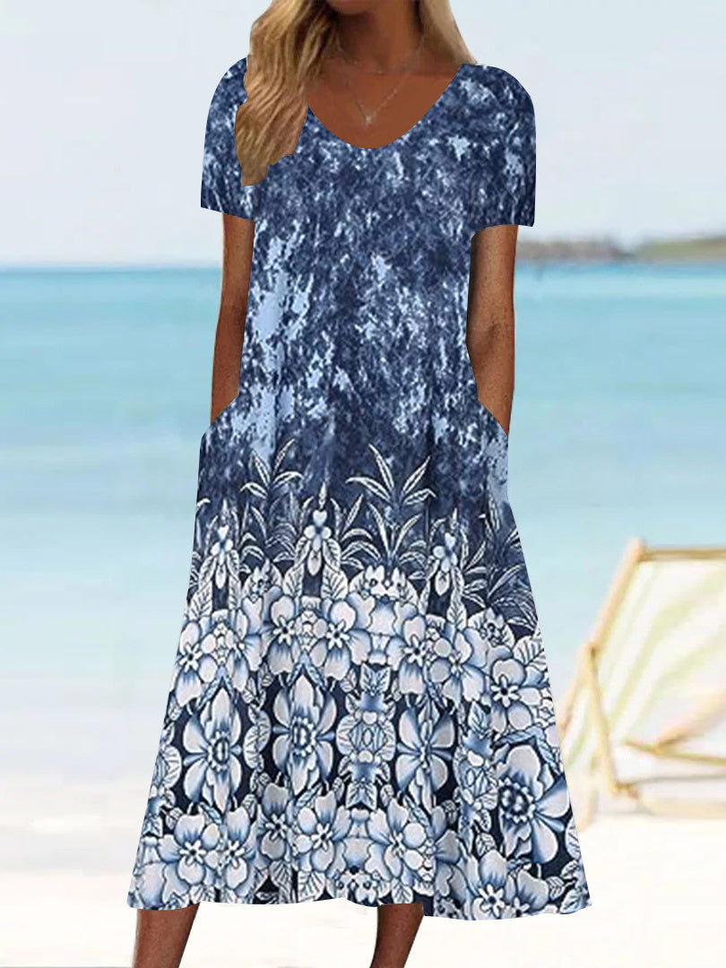 Women's Short Sleeve Scoop Neck Graphic Floral Printed Midi Dress