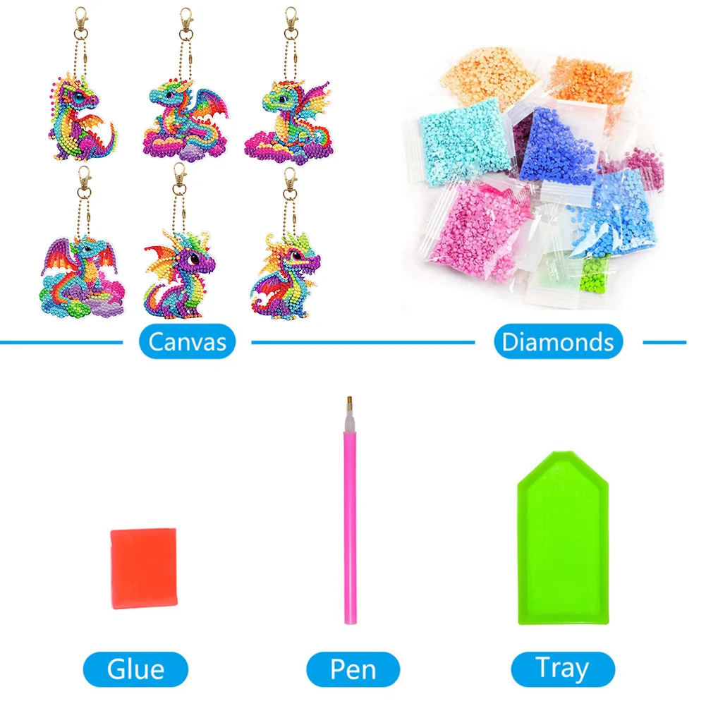 6pcs Pterosaur Diamond Art Keychains Handmade DIY Christmas Decoration Gift(Double Side)