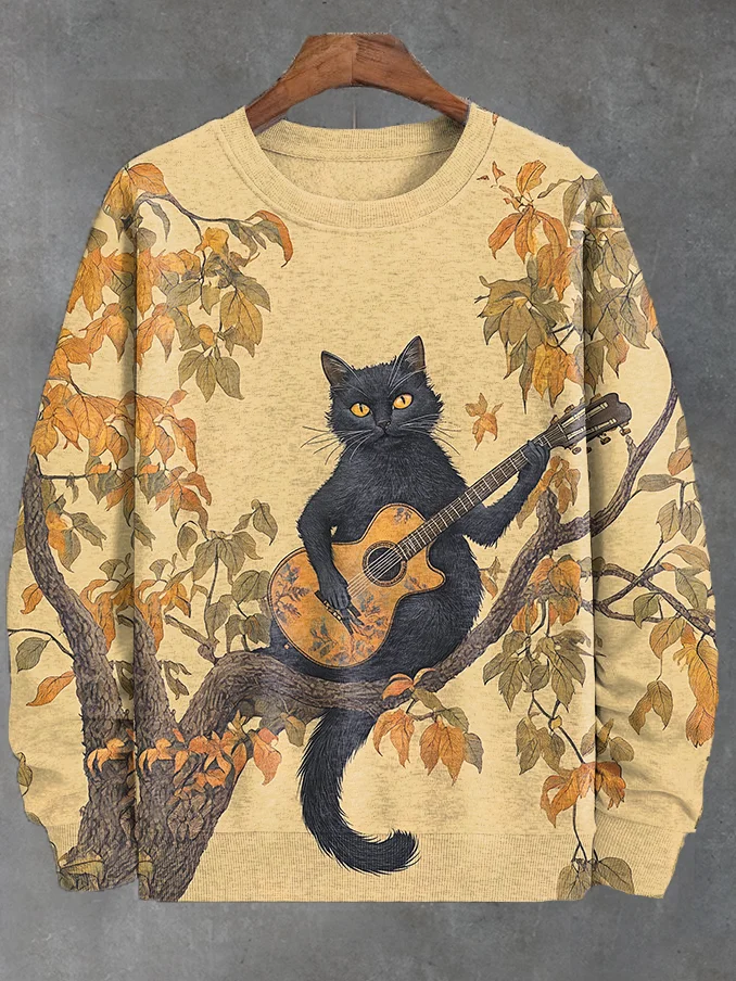 Men's Boho Tree Of Life Guitar Black Cat Print Casual Sweatshirt