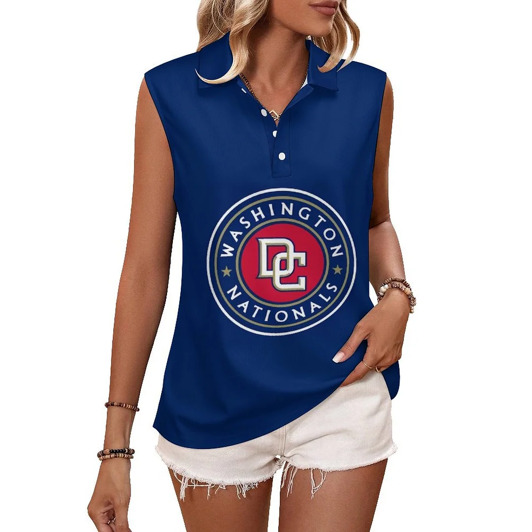 V-neck Sleeveless Casual POLO Shirt Tank Top for Women Printed with Pattern , Blue, Red