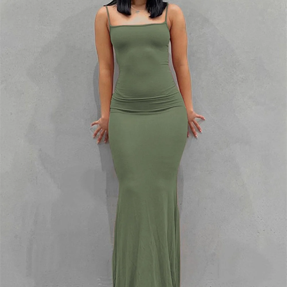 Yiallen Summer Fashion Strap Backless Long Maxi Solid Dresses Party Club Vacation Outfits for Women 2022 New Sexy Casual  Dress