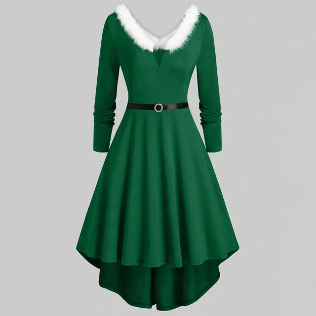 Plus Size Christmas Faux Fur Plush Dress Women V Neck Sexy Dress-elleschic