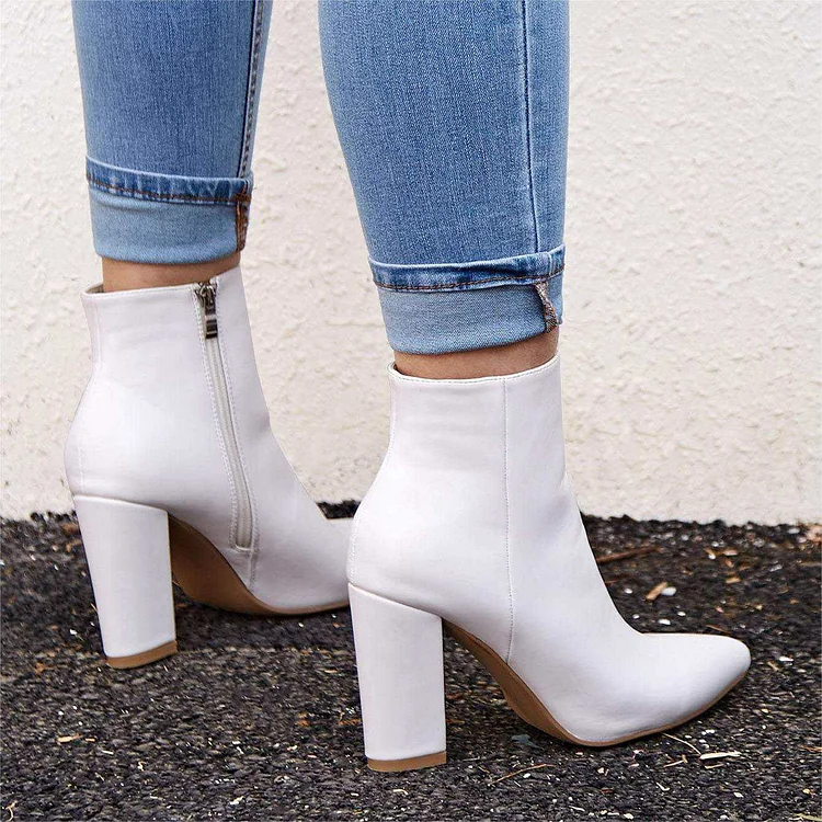 Women's White Chunky Heel Cutout booties Double Straps Ankle Boots