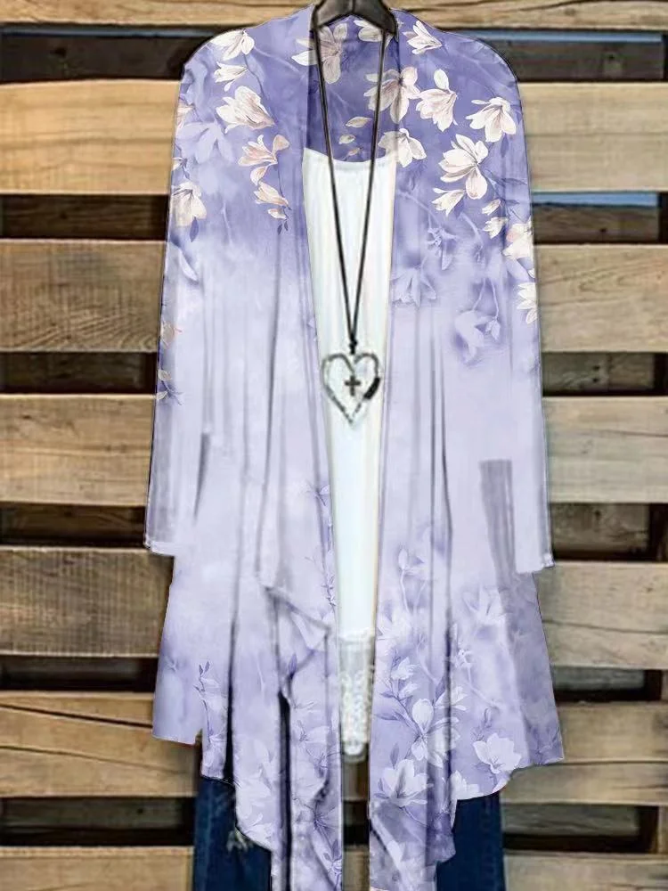 VChics Flower Art Print Long Sleeve Kimono