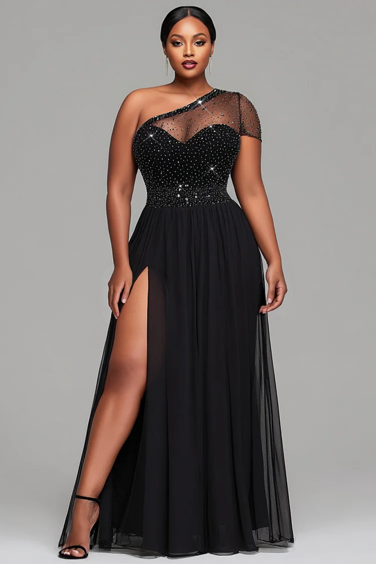 Xpluswear Design Plus Size Wedding Chiffon Black One Shoulder Split Drilling Tulle Maxi Dresses [Pre-Order] 2024 - Xpluswear