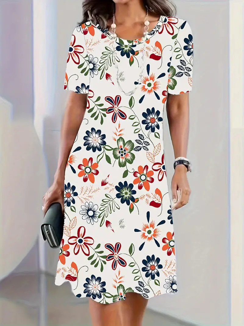 Mature Women Summer Elegant Digital 3D Printing Round Neck Plus Size A-Line Dress