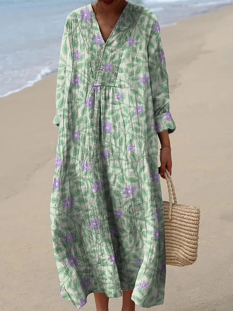 Women's Vintage Lovely Floral Art Print Flowy Dress