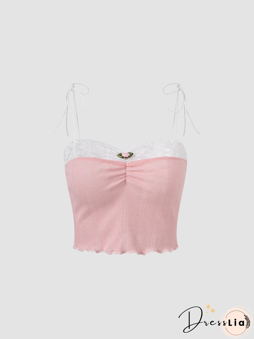 Lace Stitch Floral Tie Shoulder Strap Crop Cami