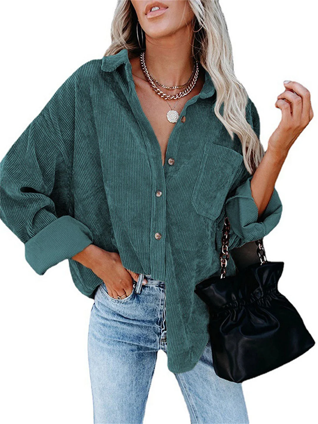 Women Long Sleeve Shirt Collar Solid Color Buttons Tops
