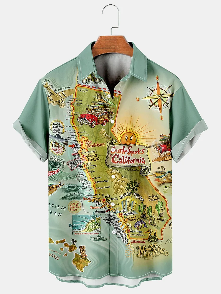 Mens California Map Casual Breathable Short Sleeve Hawaiian Shirts