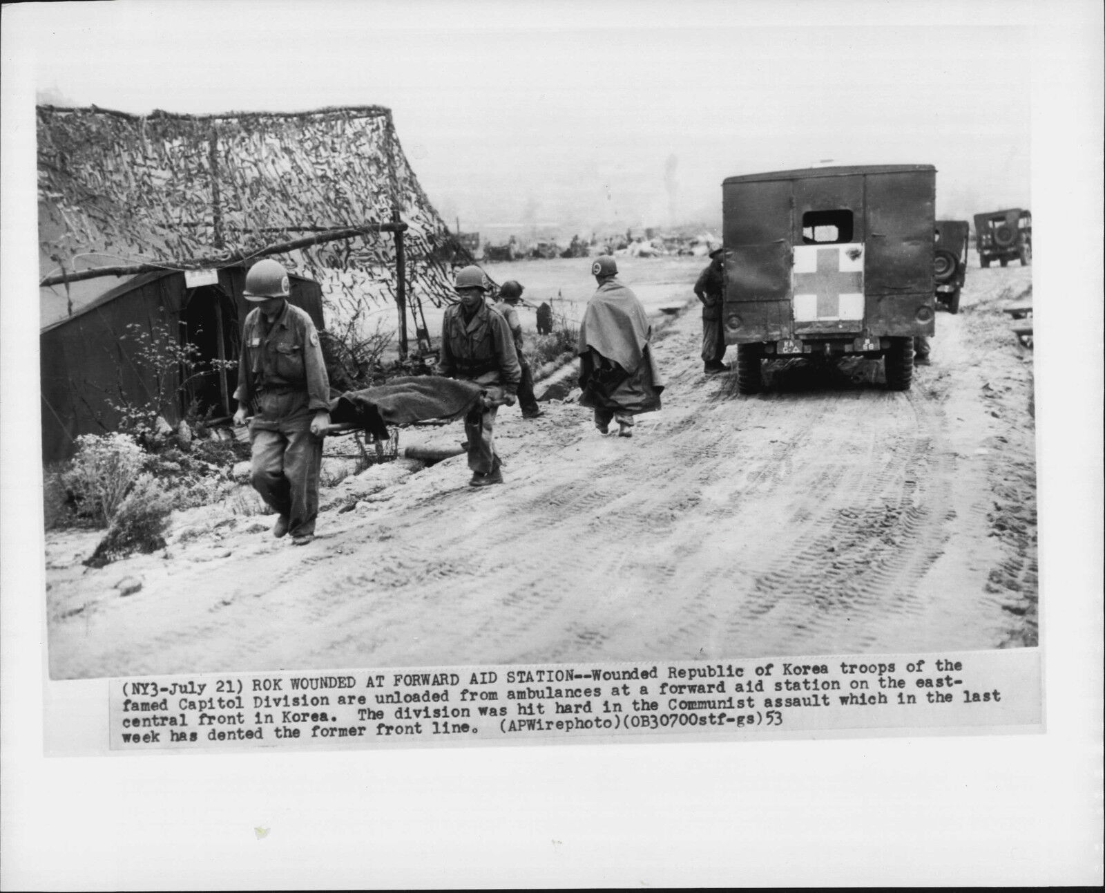 Wounded Korean Troops at Aid Station 1953 Korea War Press Photo Poster painting