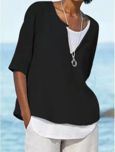 V-neck solid color cotton and linen plus size women's shirt socialshop