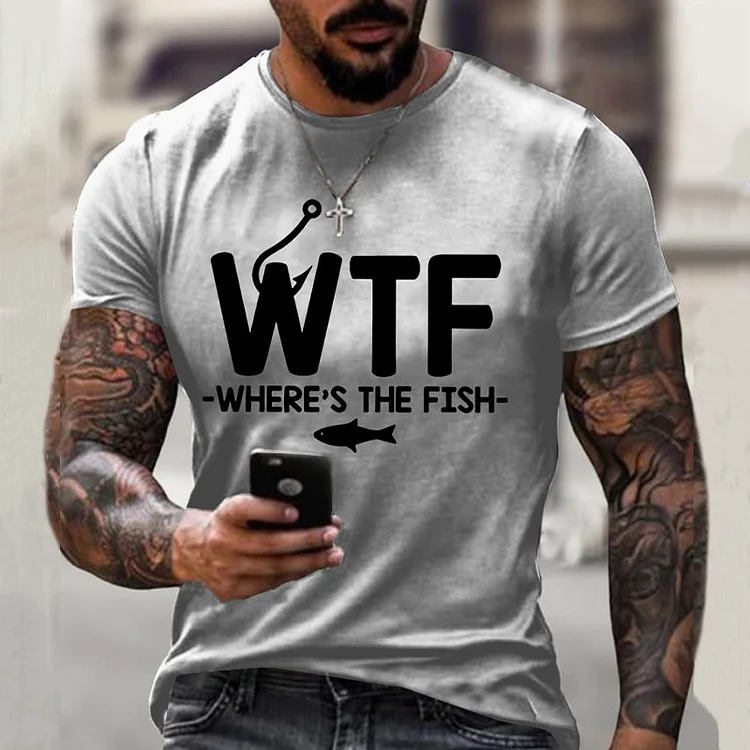 VChics Men's WTF Where's The Fish Print Casual T-Shirt