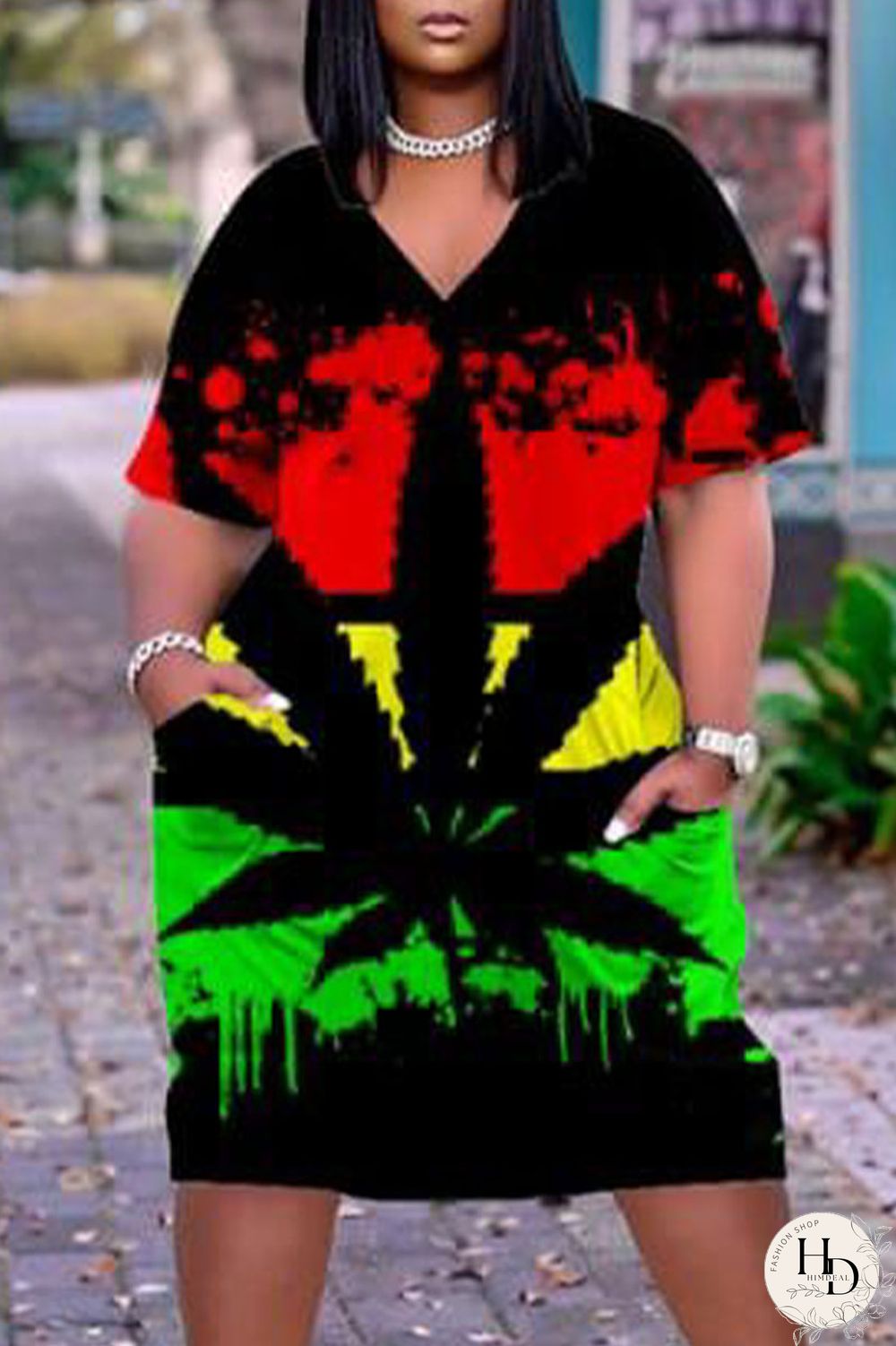 Multicolor Casual Street Print Patchwork V Neck Straight Dresses