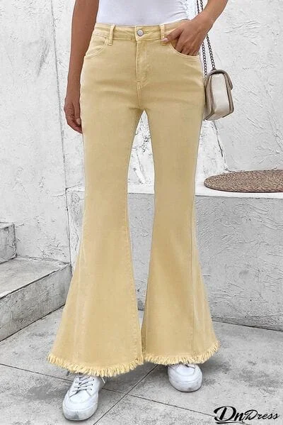 Pocketed Raw Hem Flare Jeans