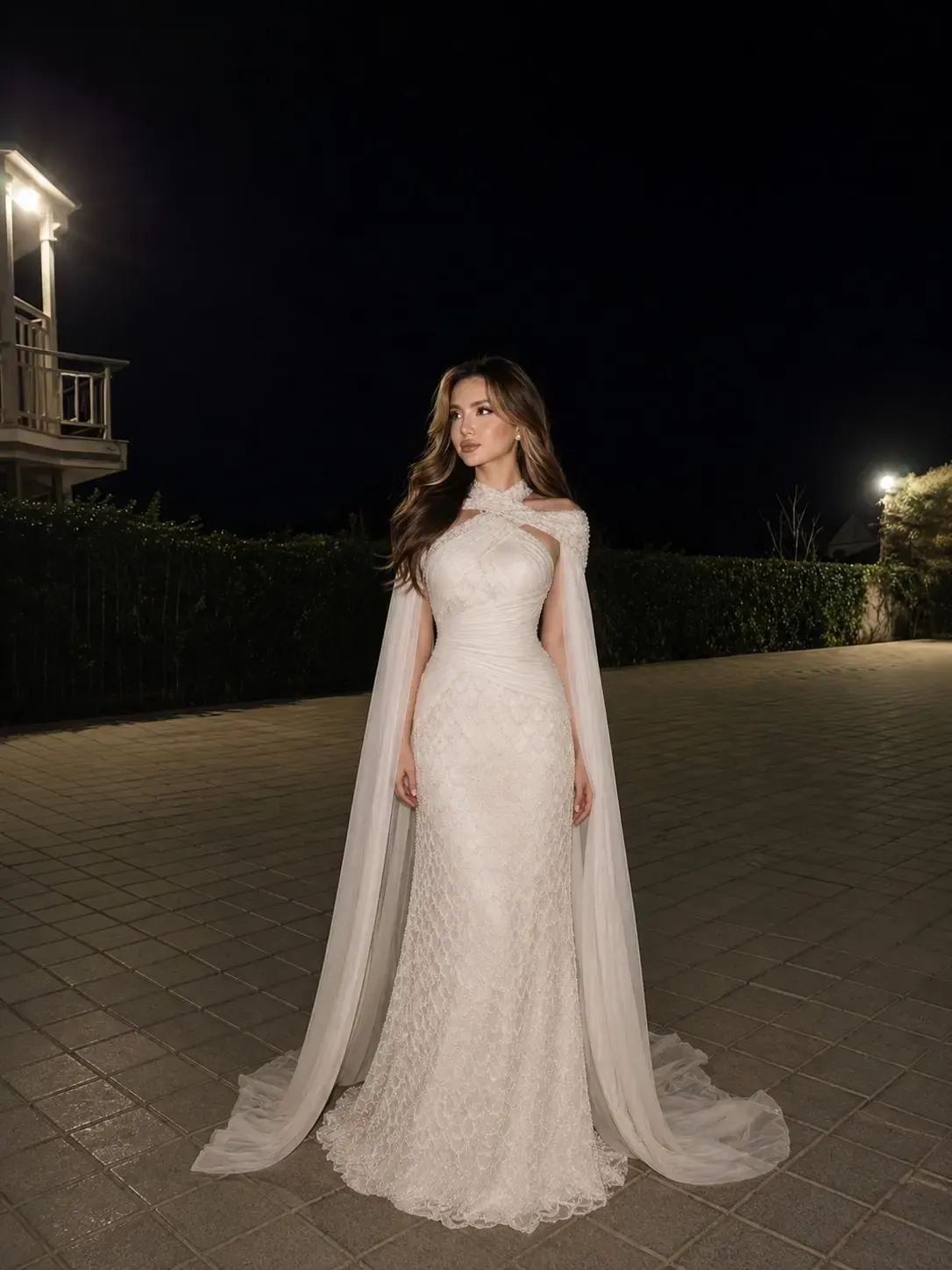 Tulle Elegant Halter Neck Sleeveless High-Waisted Long Pleated Mermaid Prom Dress With Flowing Cape | GY0016 Wellcucu
