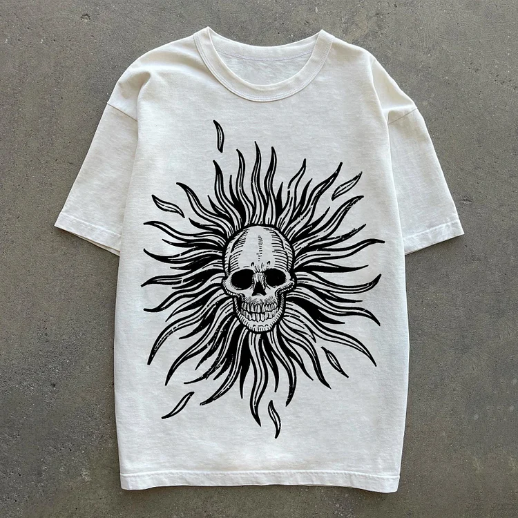 Skull Sunflower Print Short Sleeve T-Shirt