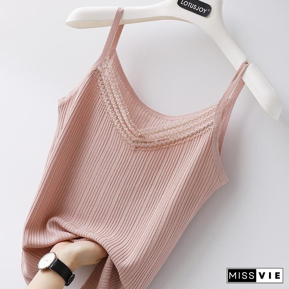 Summer New Style Lace Stitching Ice Silk Camisole Vest Womens V Neck Sleeveless Sweater Outer Wear Loose Top