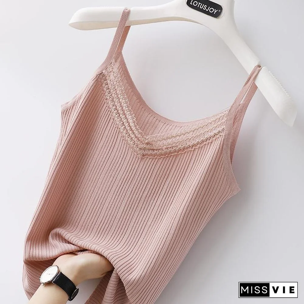 Summer New Style Lace Stitching Ice Silk Camisole Vest Womens V Neck Sleeveless Sweater Outer Wear Loose Top