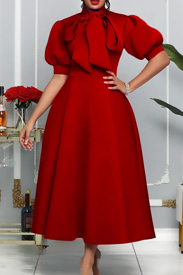 Solid Color Elegant Bowknot Midi Dress