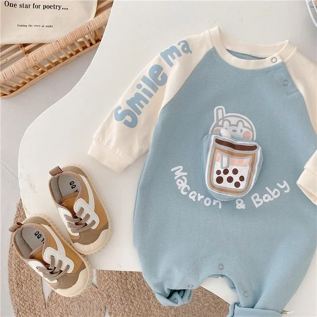 Baby Boy/Girl 3D Pearl Milk Tea Long Sleeve Romper