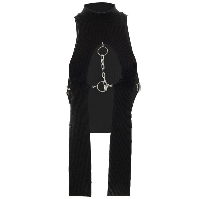 BOOFEENAA Black Sexy Tops Women 2022 Summer Clothes Hollow Out Irregular Metal Chain Ring Tank Top Clubwear Knit Shirt C85-AF10