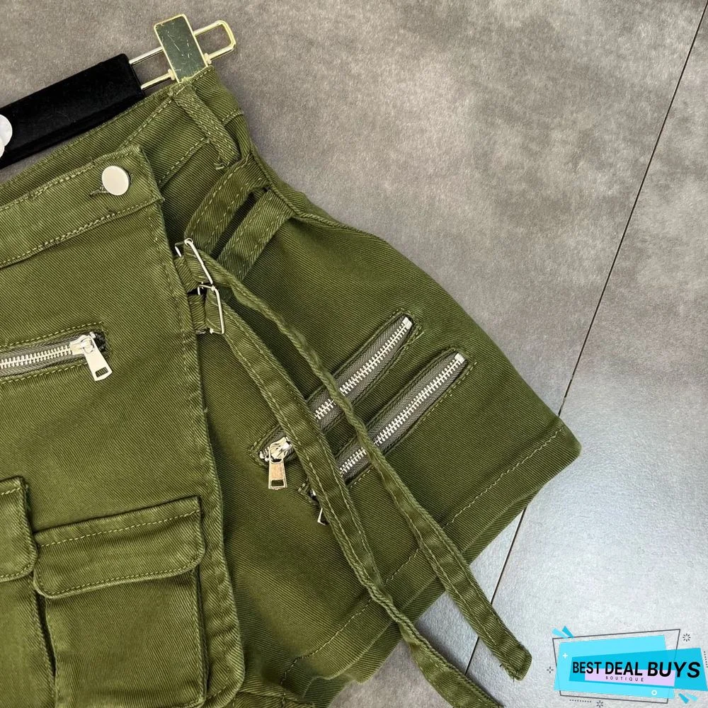 Trendy Cropped Multi Pocket Cargo Shorts Slim Waist Slim Fit Summer Loose Denim Shorts