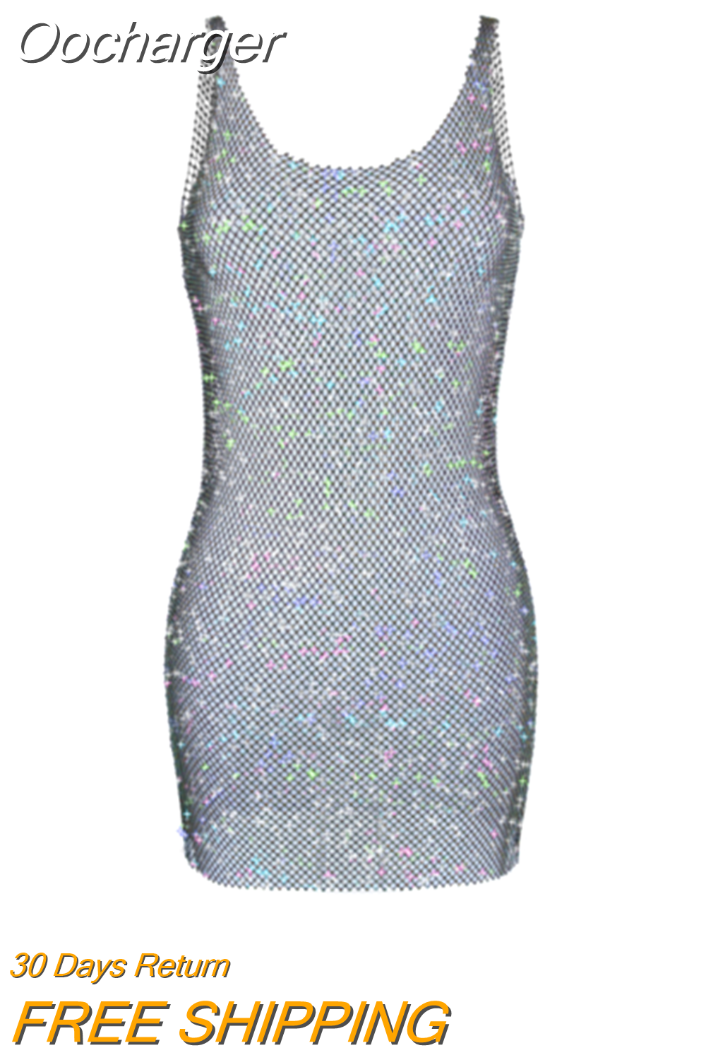 Oocharger Glitter See Through Sexy Mini Dress For Women New Spaghetti Strap Sleeveless Transparent Shiny Diamond Short Dress