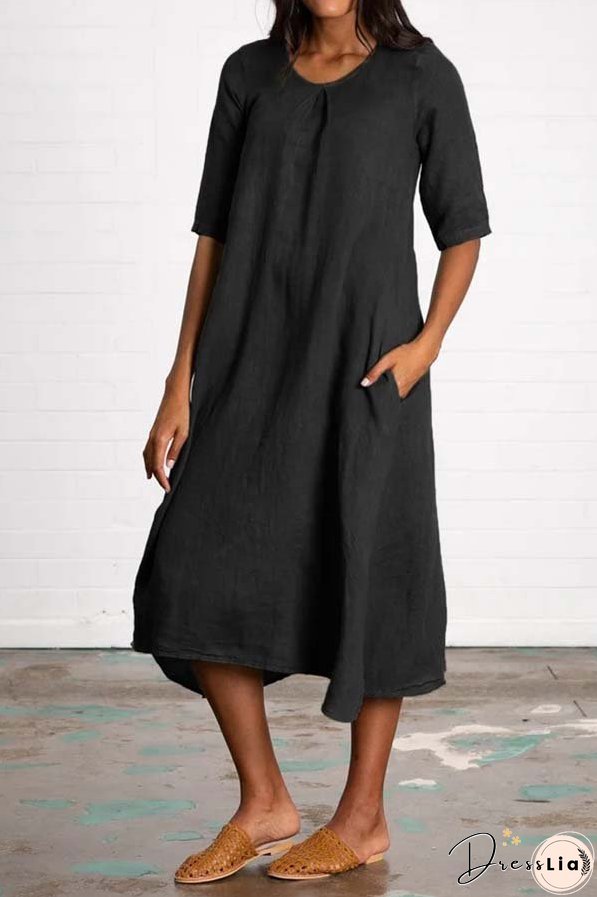 Round Neck Half Sleeve Long Solid Color Casual Cotton Linen Dress