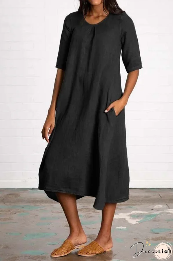 Round Neck Half Sleeve Long Solid Color Casual Cotton Linen Dress