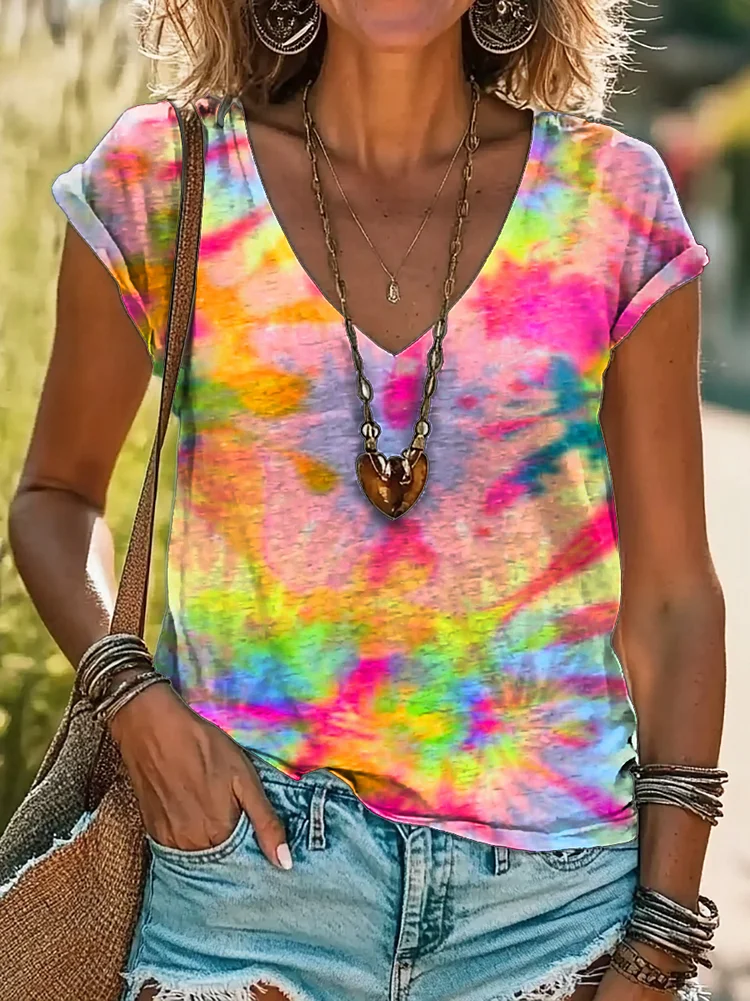Women's Tie Dye Print 100%Cotton V-neck T-Shirt