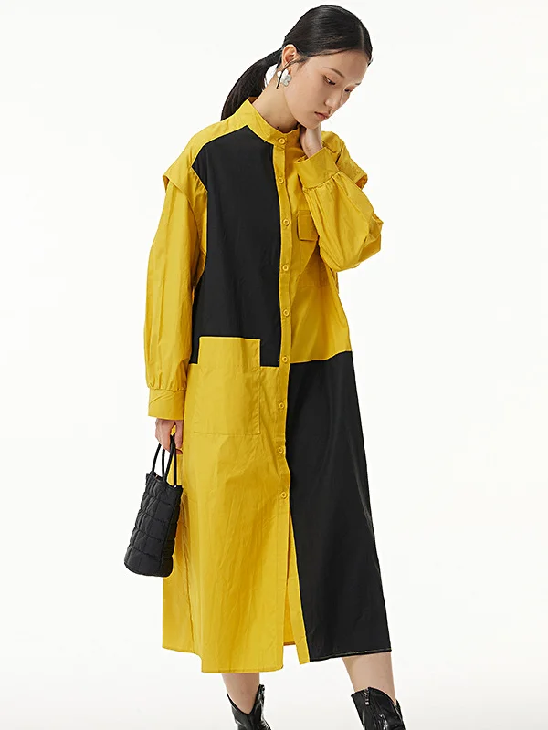 Casual Roomy Contrast Color Shirt Dress Midi Dress