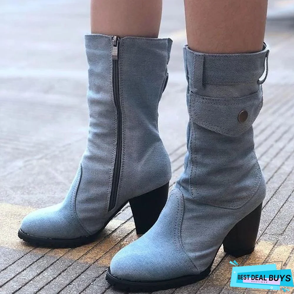 Mid-Rise Chunky with Casual Denim Booties