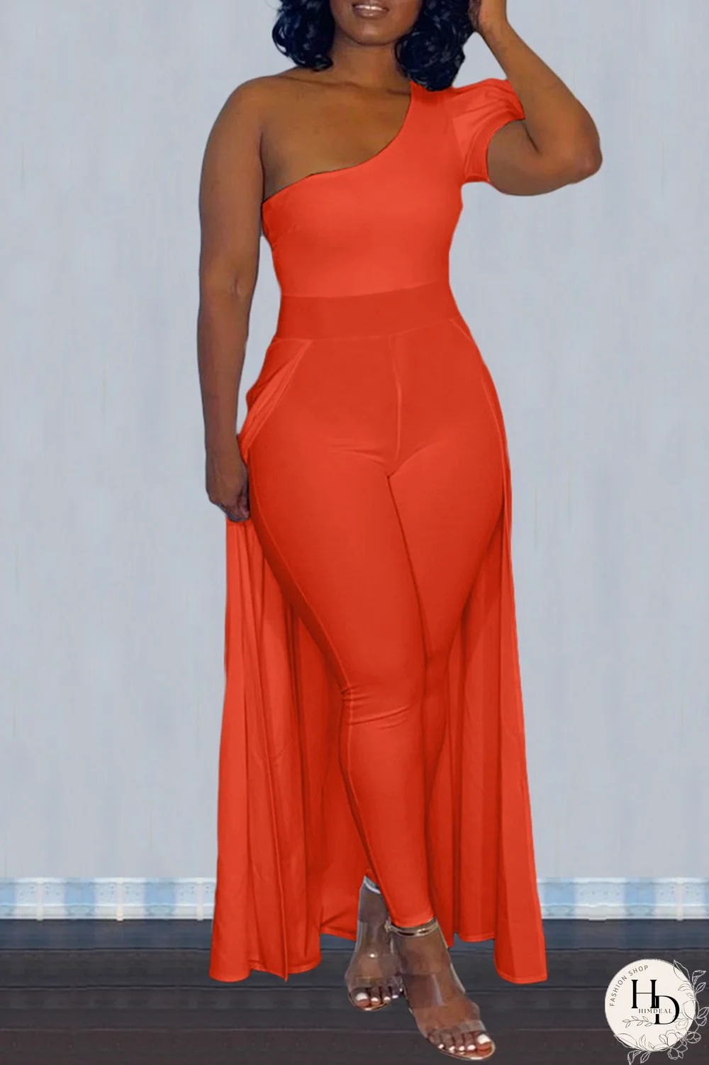 Red Sexy Casual Solid Patchwork Oblique Collar Plus Size Jumpsuits