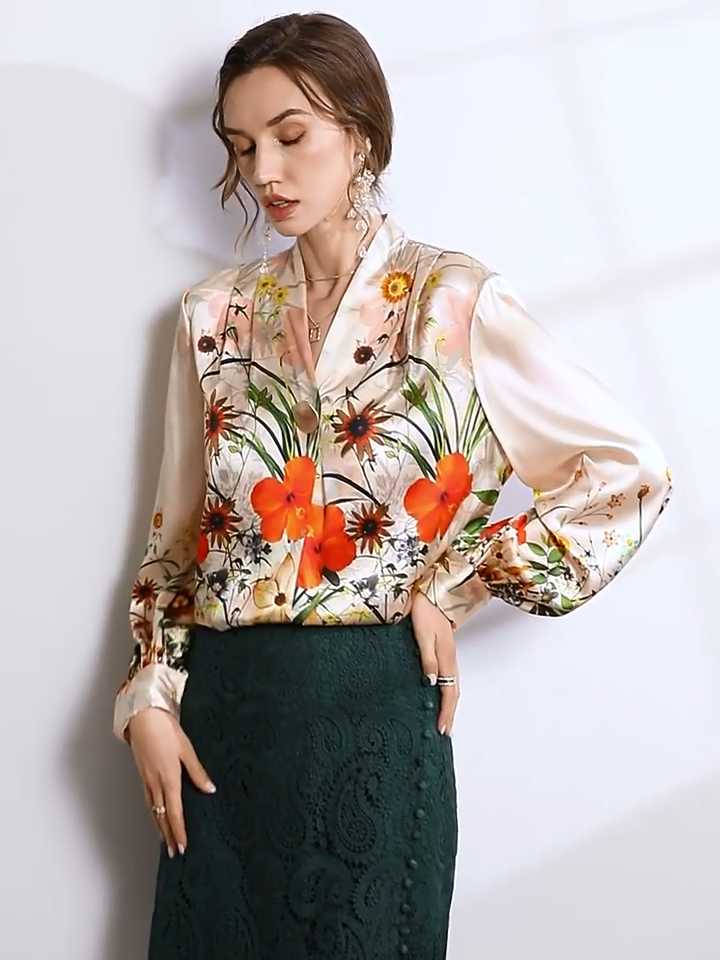 High-End V Neck Flowers Silk Blouse REAL SILK LIFE