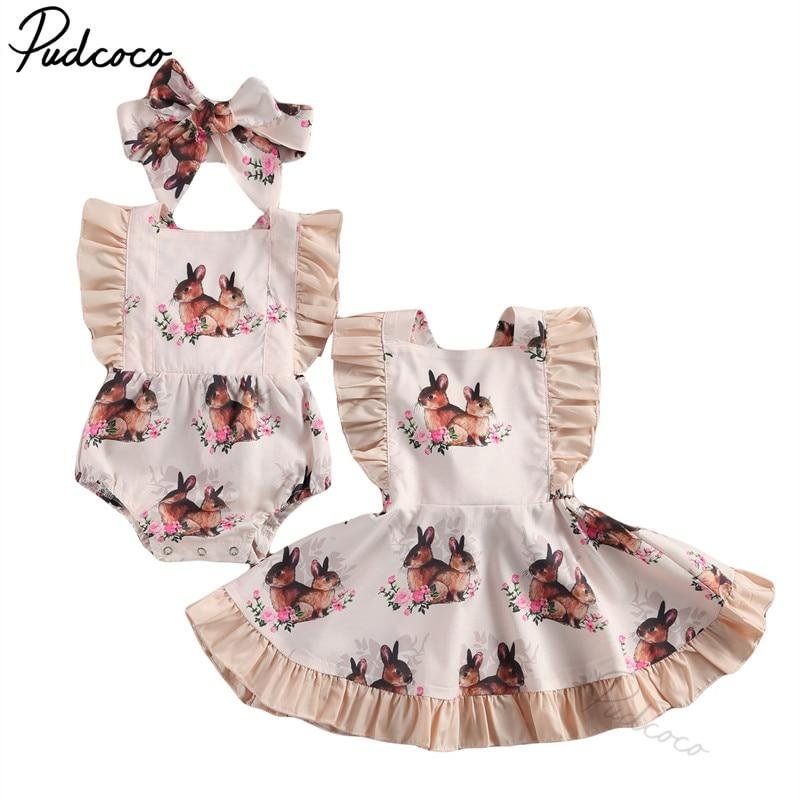 2021 Baby Summer Clothing Kids Girls Floral Print Square Collar Fly Sleeve Dress/ Baby Romper with Headwear Easter Pink