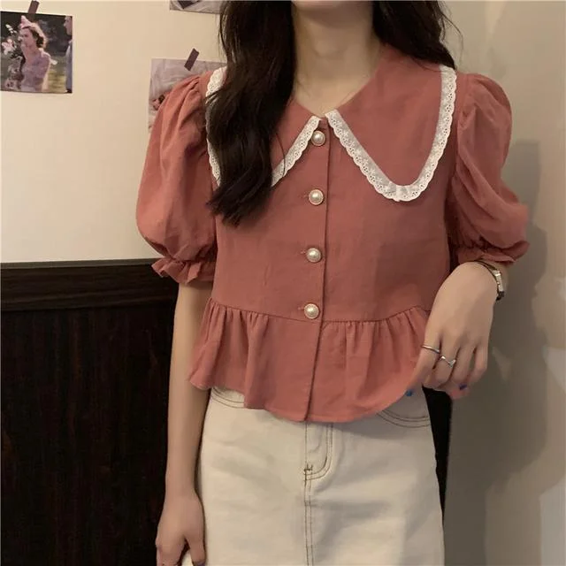 Shirts Women Summer Crop Top Lace-up Sweet French Girls Peter Pan Collar Kawaii Korean Ruffles Womens Blouses Puff Sleeve Trendy