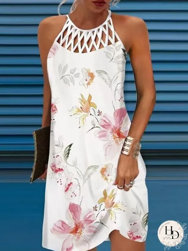 Casual Dress A Line Dress Summer Dress Floral Cut Out Print Halter Mini Dress Active Modern Daily Holiday Sleeveless Regular Fit White Blue Purple Summer Spring S M L XL XXL for Women