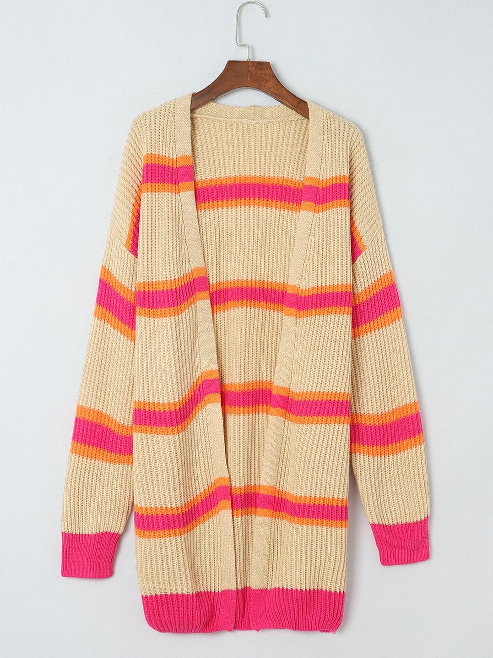 Ribbed Knit Long Cardigan with Striped Print