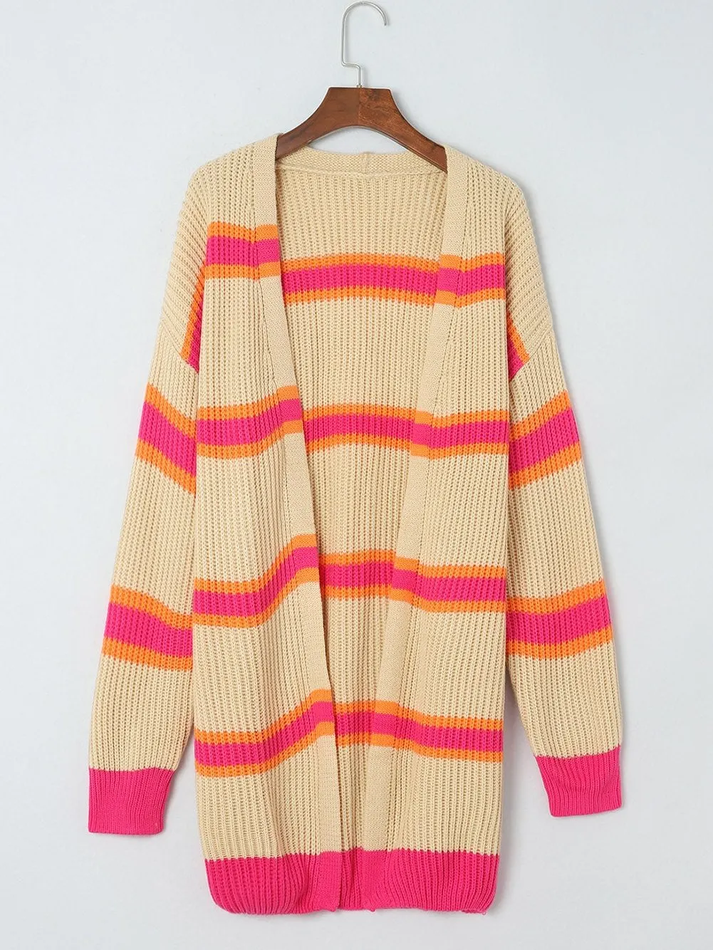 Ribbed Knit Long Cardigan with Striped Print