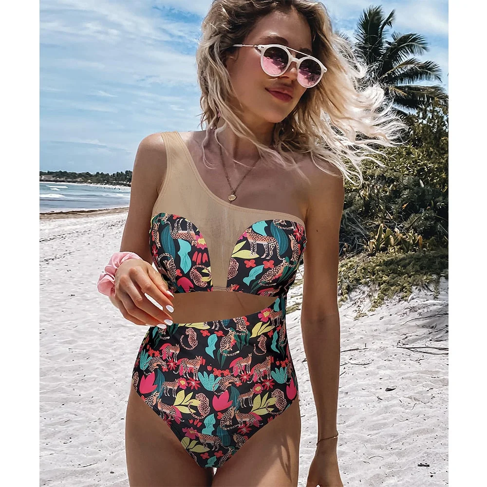2022 New Push Up Print Floral Swimwear Women V-Neck Ruffle One Piece Flounce Swimsuit Beach Wear Bathing Suits Backless Monokini