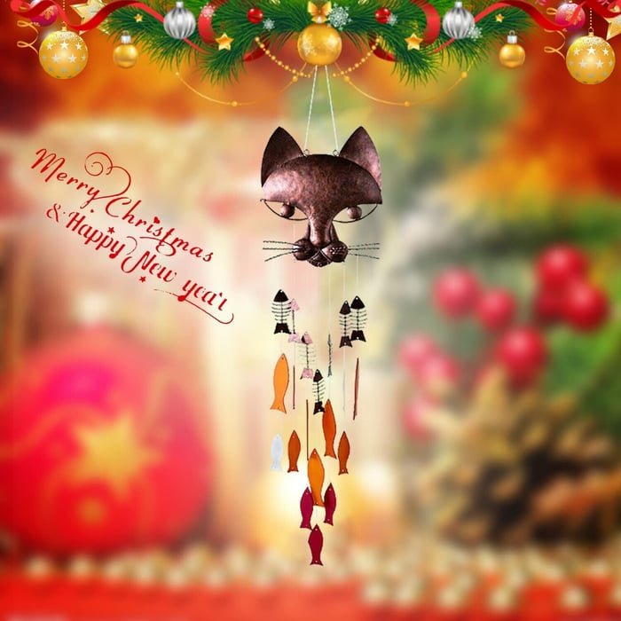 🐱Handcrafted Metal Cat and Recycled Glass Fish Wind Chime🎏 - tree - Codlins
