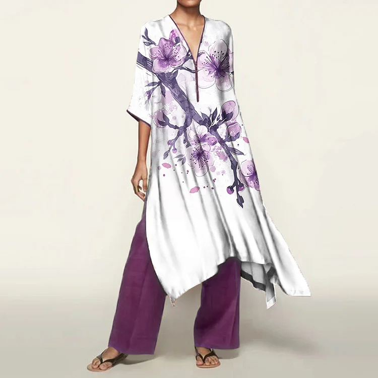 Classy Purple Floral Flowy Kaftan & Pants Set