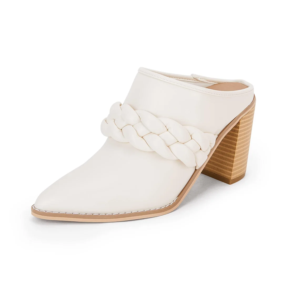 YDN White Vegan Leather Pointed Toe Braid Chunky Heeled Mules